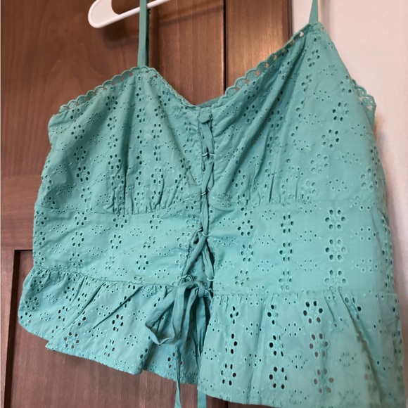 NWOT Wild Fable Eyelet Lace Peplum Lace Up Crop Tank Cami Tie Front Aqua Green - Picture 5 of 9